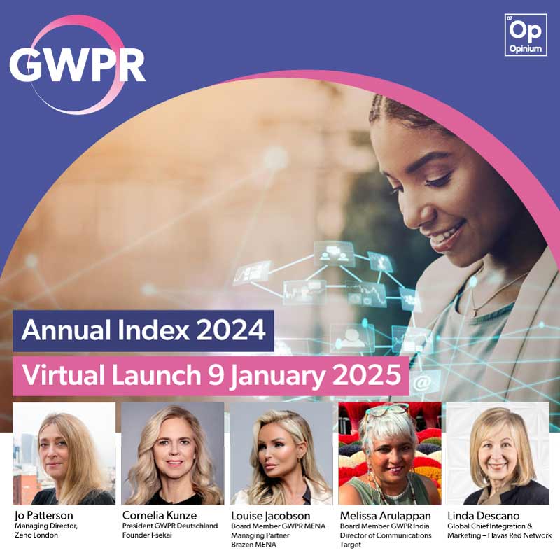 Book now for our online event on 9 January 2025 to understand more about the findings from our Global Women in PR 2024 Annual Index – the only global research for women working in the PR and Communications Industry.